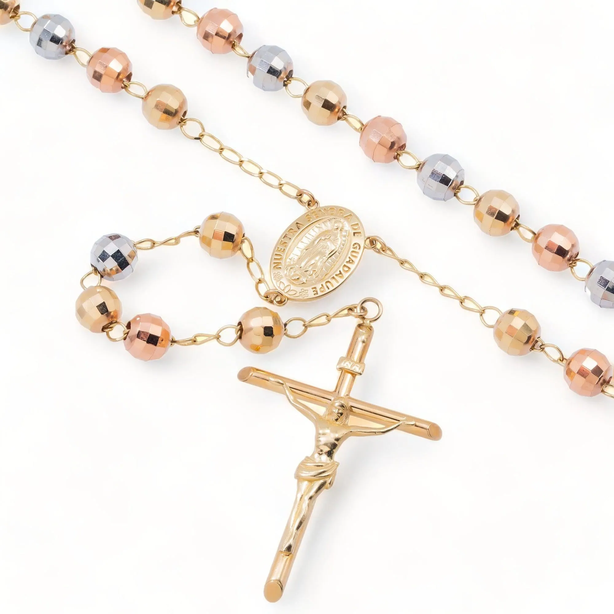 10K GOLD TRICOLOR HOLLOW 6.96MM OUR LADY OF GUADALUPE CRUCIFIX ROSARY CHAIN