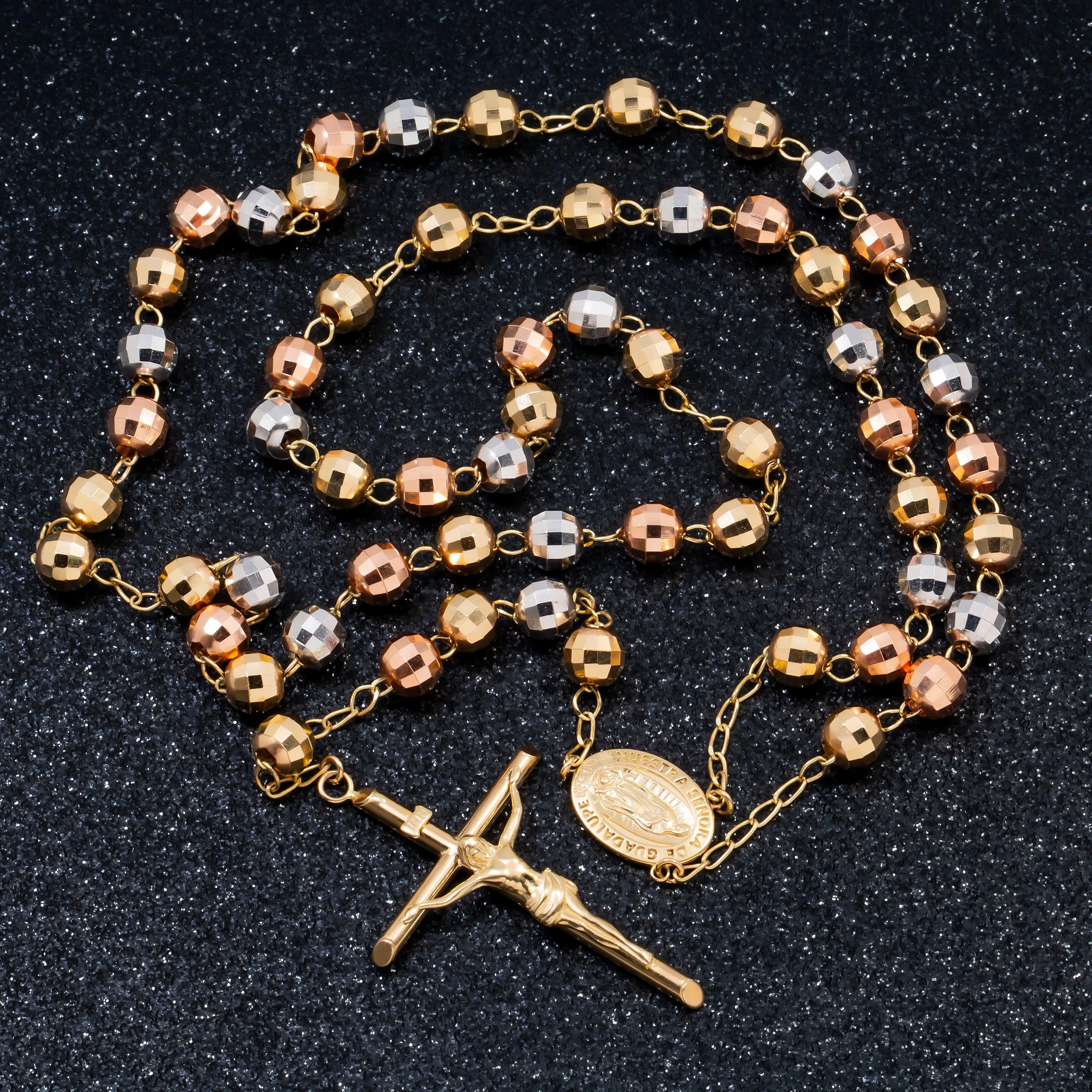 10K GOLD TRICOLOR HOLLOW 6.96MM OUR LADY OF GUADALUPE CRUCIFIX ROSARY CHAIN