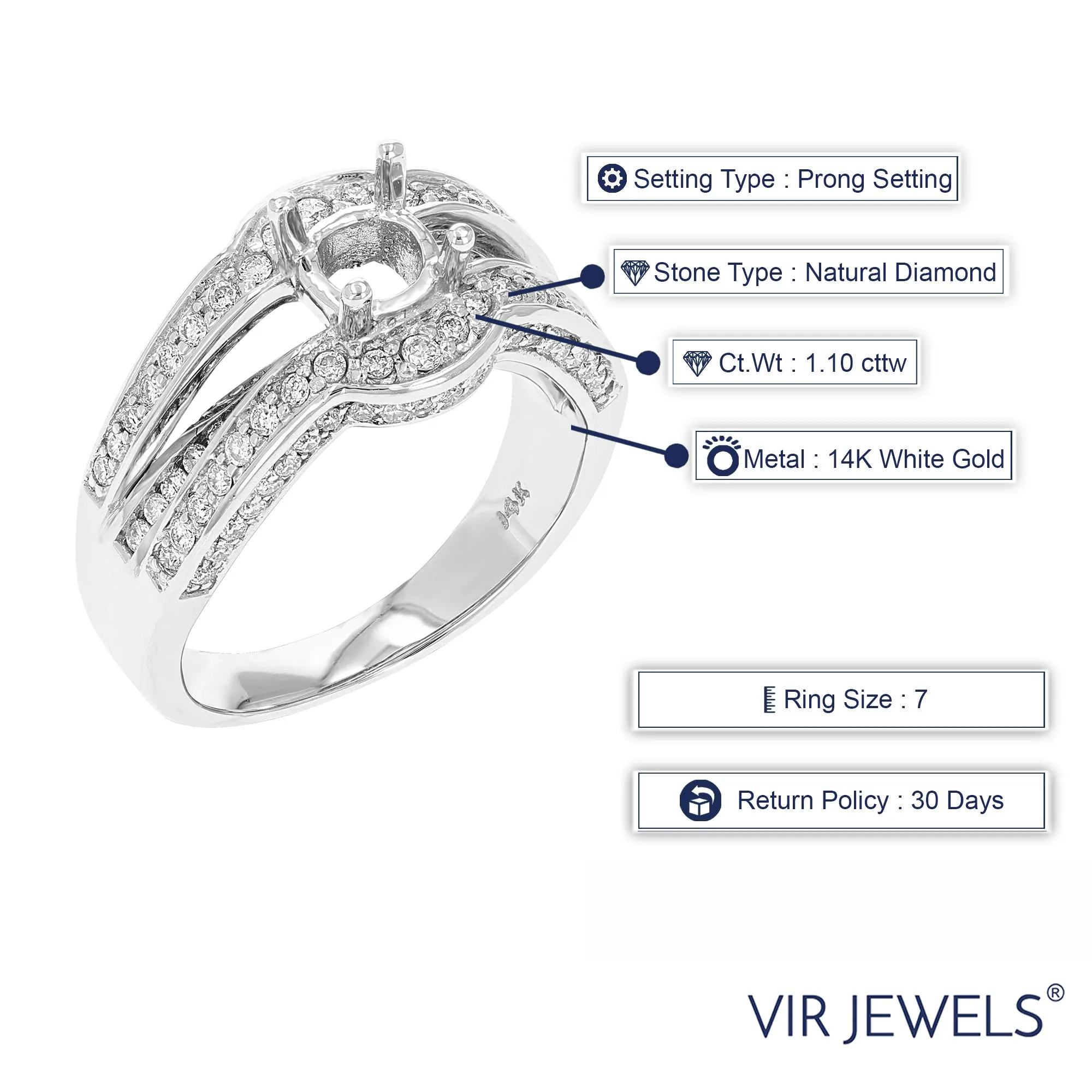 1.10 cttw Diamond Semi Mount Engagement Ring in 14K White Gold