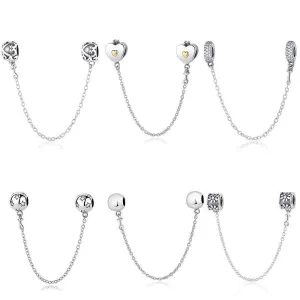 14 Styles, Authentic 925 Sterling Silver Safety Chain Beads Fit Pan Bracelets