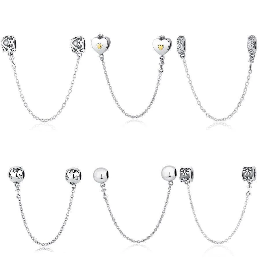 14 Styles, Authentic 925 Sterling Silver Safety Chain Beads Fit Pan Bracelets