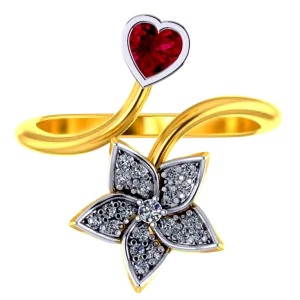 18k Diamond Ring With A Diamond Studded Five-petal Floral Design And A Mini Heart Pendant