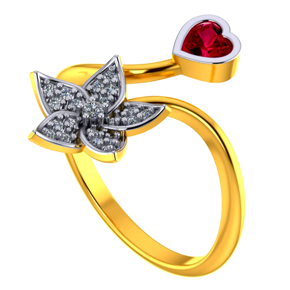18k Diamond Ring With A Diamond Studded Five-petal Floral Design And A Mini Heart Pendant