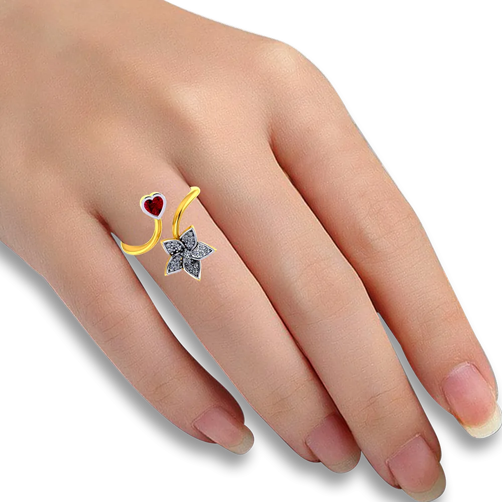 18k Diamond Ring With A Diamond Studded Five-petal Floral Design And A Mini Heart Pendant