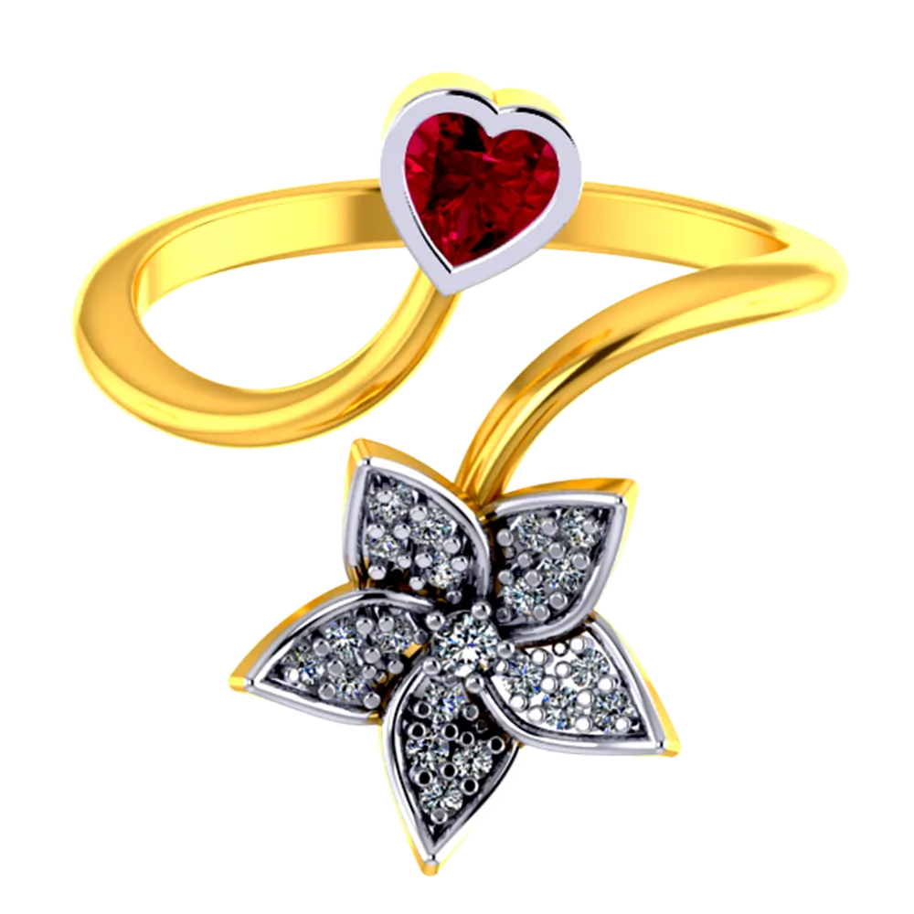 18k Diamond Ring With A Diamond Studded Five-petal Floral Design And A Mini Heart Pendant
