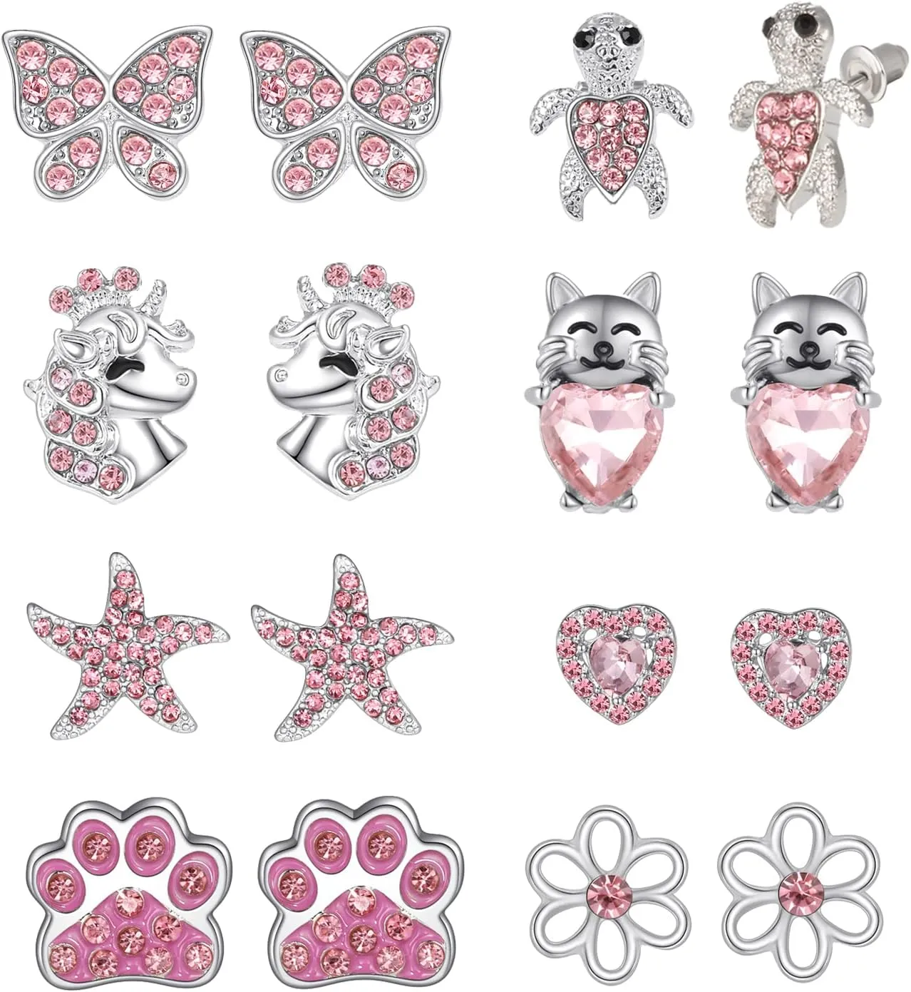 8 Pairs Clip on/Stud Earrings for Girls kids Hypoallergenic Cute Clip-on Earrings for Childrens Toddler Teen Unicorn Butterfly Turtle CZ Clip Stud Earrings Pink Jewelry Gift 3 Years Old 