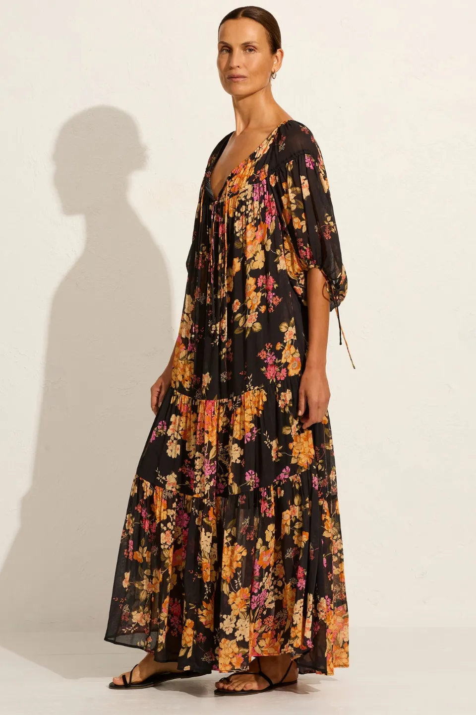Autumn Black Floral Mid Sleeve Maxi Dress