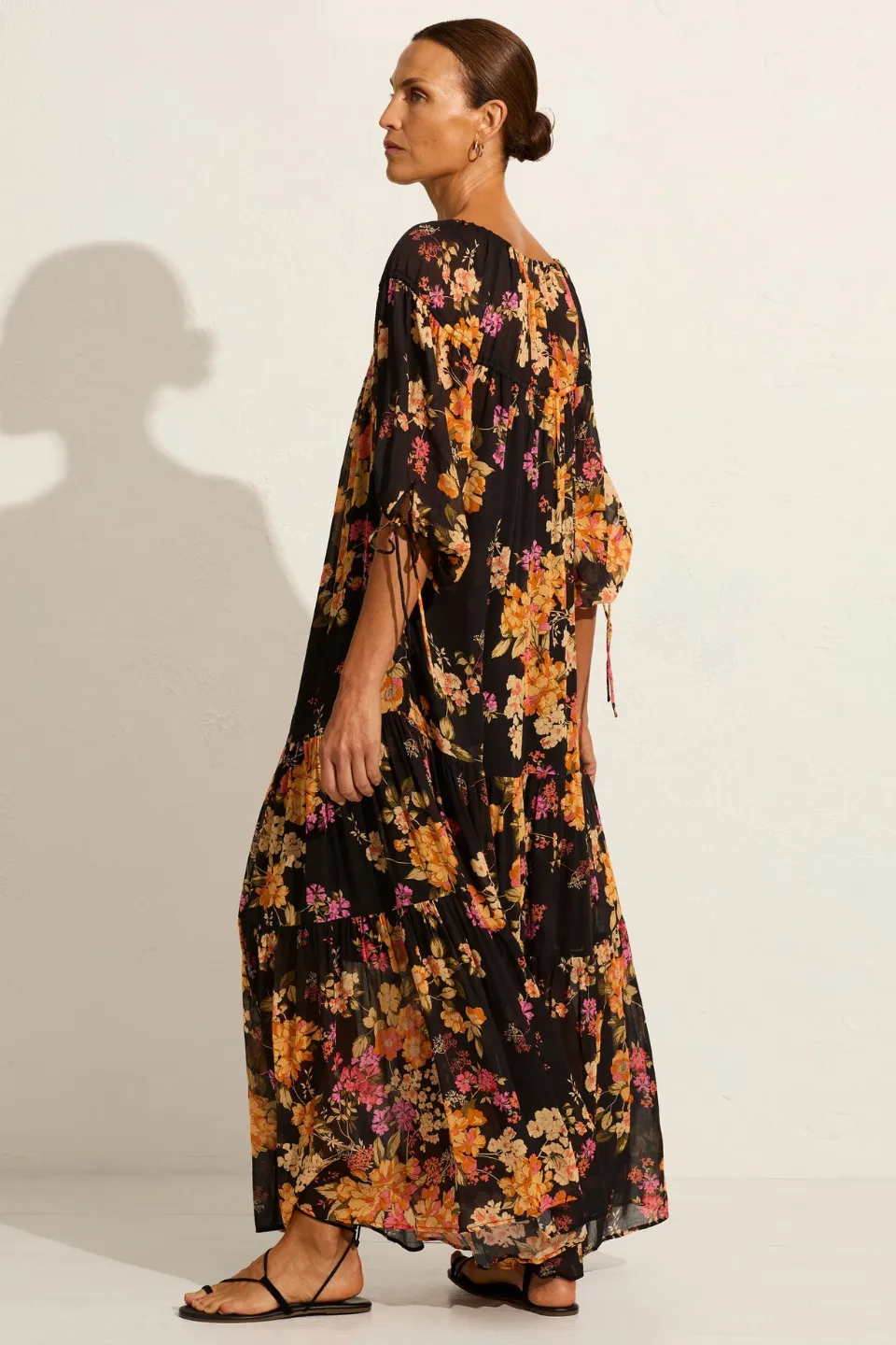 Autumn Black Floral Mid Sleeve Maxi Dress