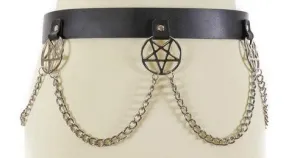 Black Leather Bondage Belt w/ Inverted Pentagram Chain Detail