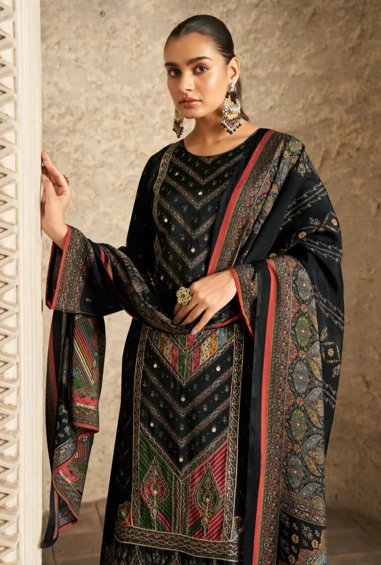 Black Viscose Muslin Salwar Suit with Digital Prints