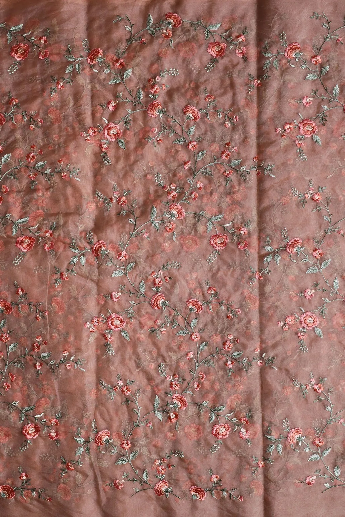 Brown And Light Green Thread Floral Embroidery Work On Almond Brown Organza Fabric