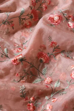 Brown And Light Green Thread Floral Embroidery Work On Almond Brown Organza Fabric