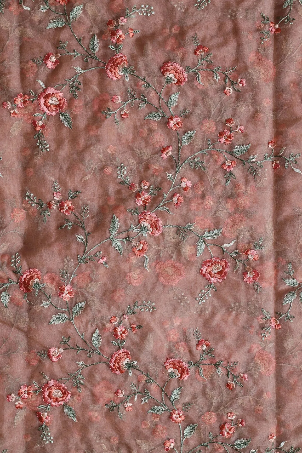 Brown And Light Green Thread Floral Embroidery Work On Almond Brown Organza Fabric