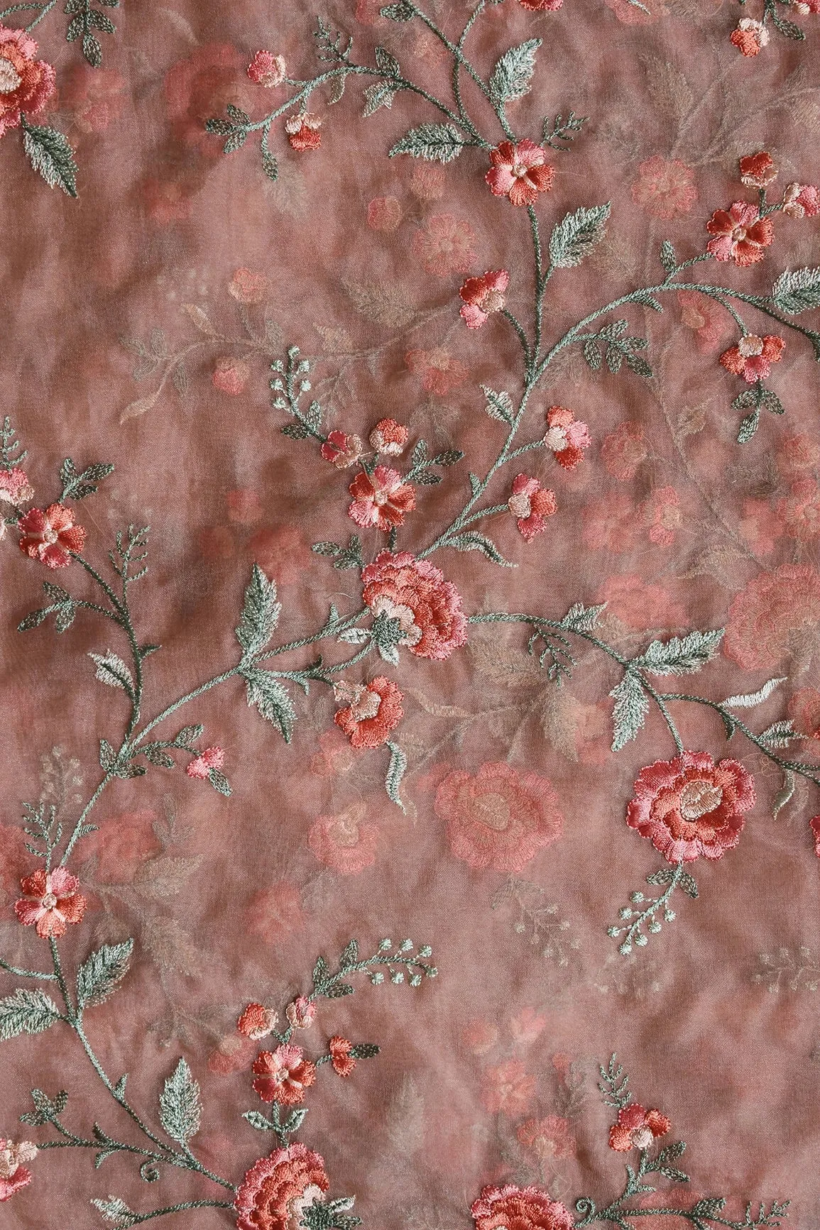 Brown And Light Green Thread Floral Embroidery Work On Almond Brown Organza Fabric