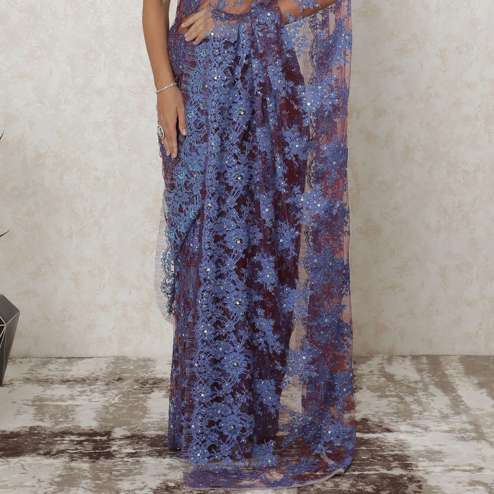Burgundy, blue premium two tone French chantilly saree lace having stone work in floral design-D12547