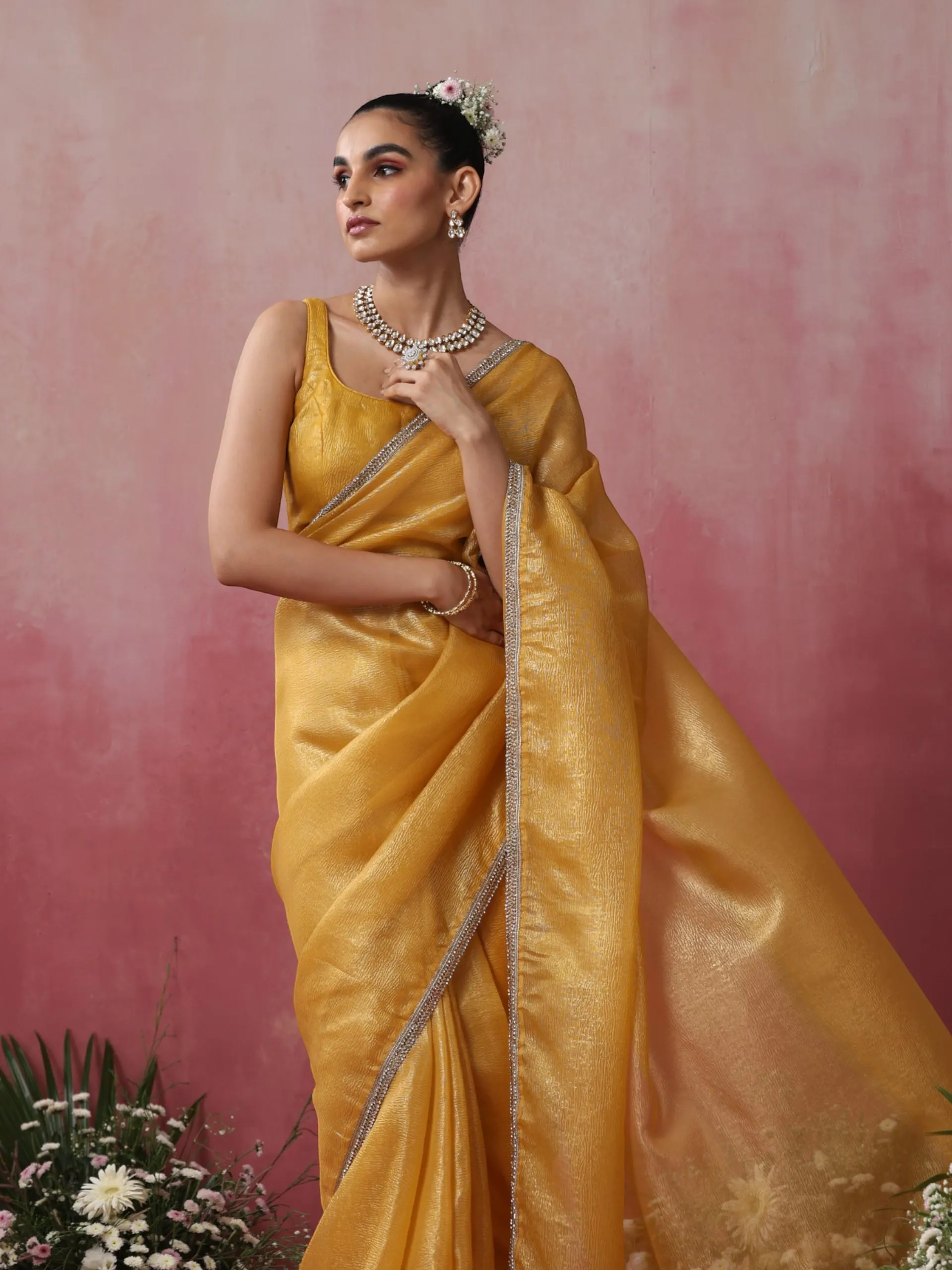 Citrine Crushed Gold Yellow with Diamond Lace Saree and Blouse Fabric