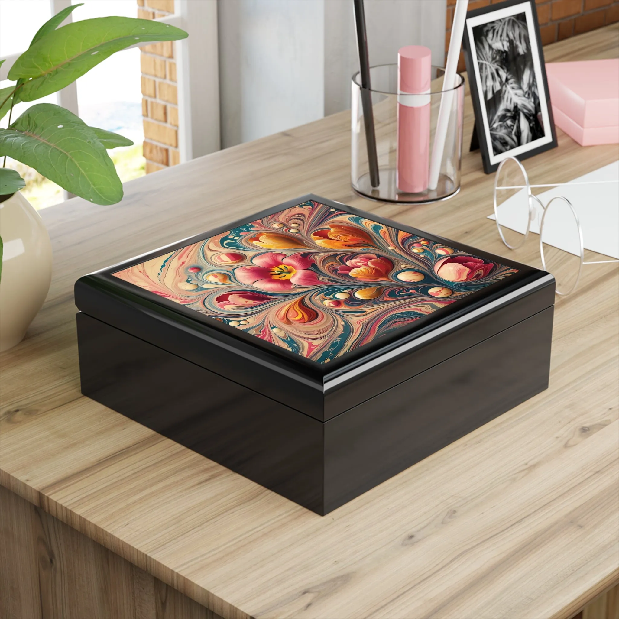 Colorful tulip patterned marbling art design Jewelry Box