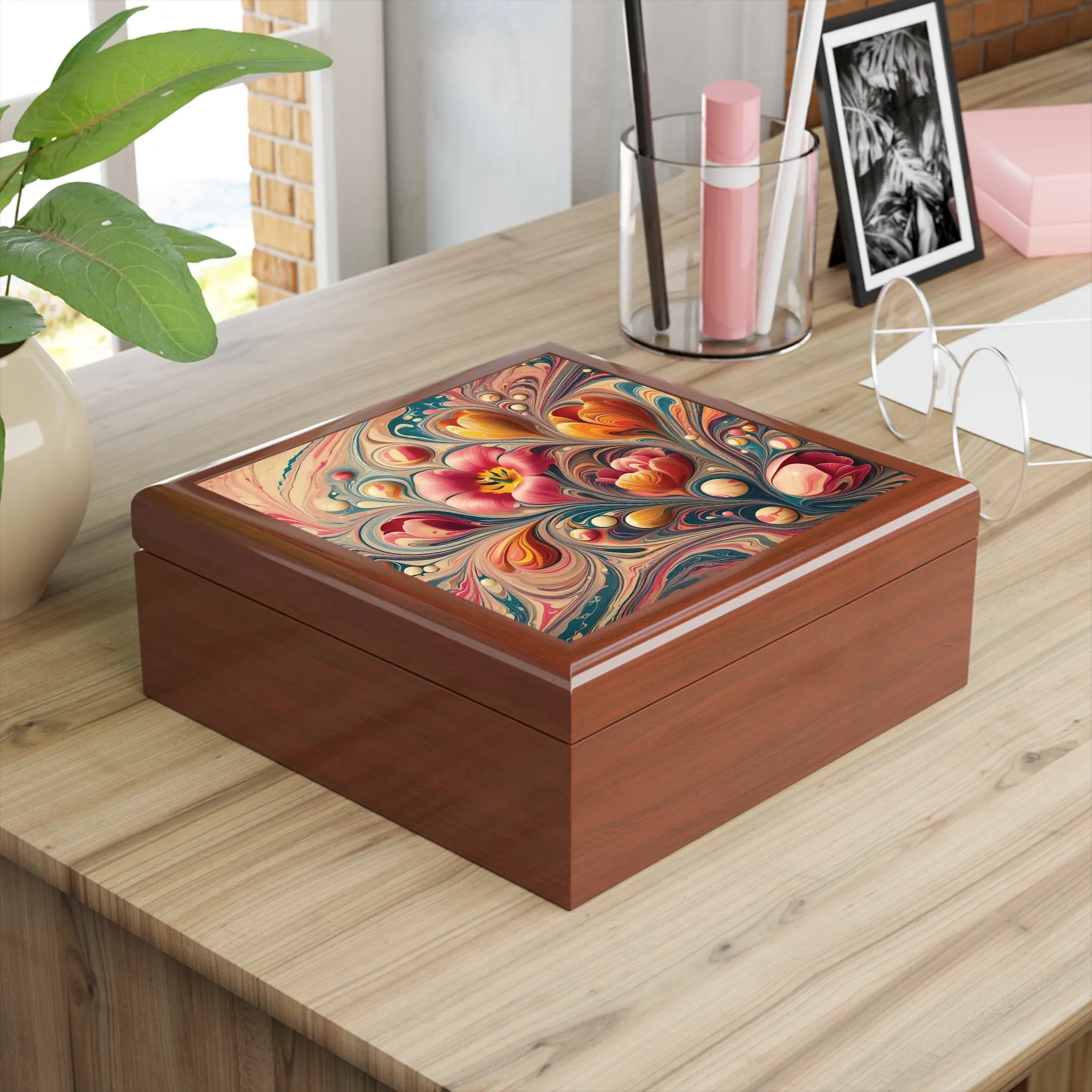 Colorful tulip patterned marbling art design Jewelry Box