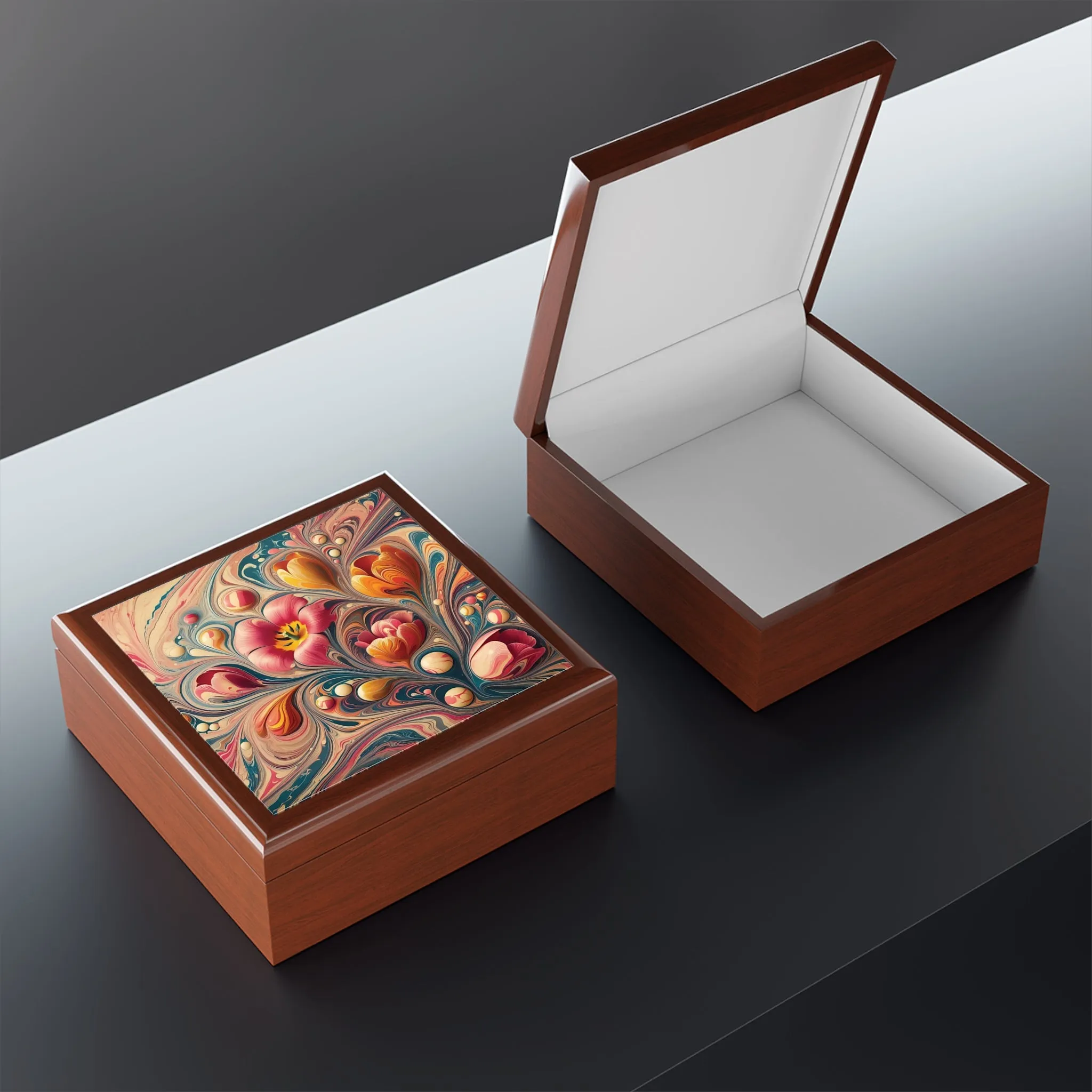Colorful tulip patterned marbling art design Jewelry Box