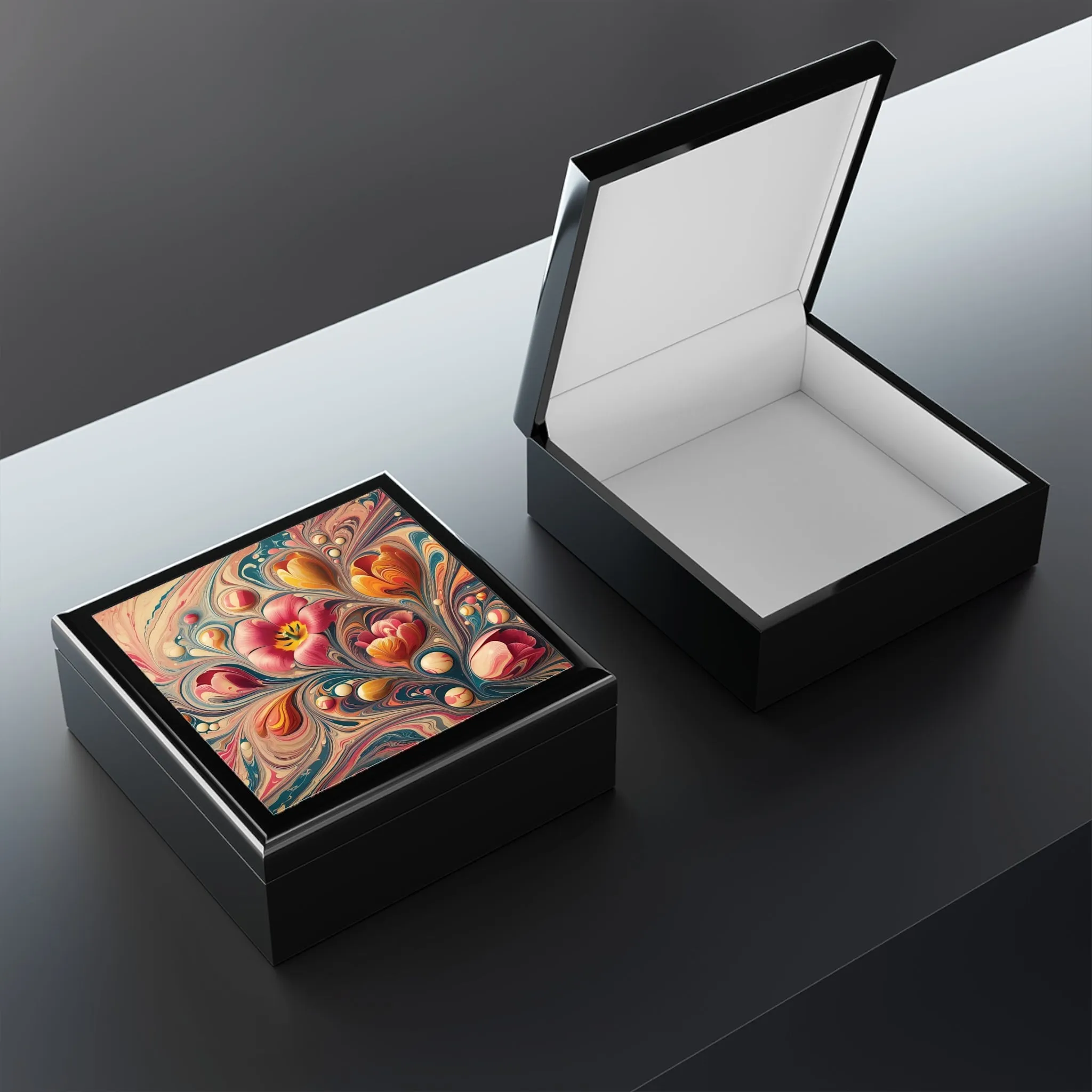 Colorful tulip patterned marbling art design Jewelry Box