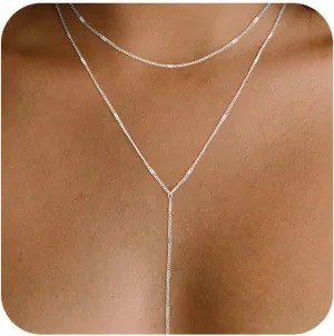 Dainty Y Necklace for Women, Trendy Long Gold Necklaces 14K Gold Plated Layered Necklaces Set Dainty CZ Shining Dot Necklace Jewelry Gift for Women Girls