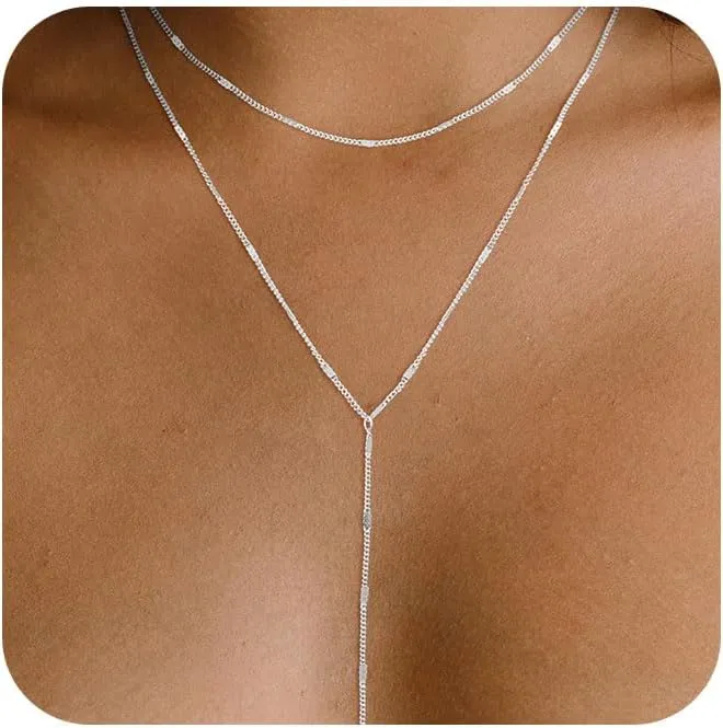 Dainty Y Necklace for Women, Trendy Long Gold Necklaces 14K Gold Plated Layered Necklaces Set Dainty CZ Shining Dot Necklace Jewelry Gift for Women Girls