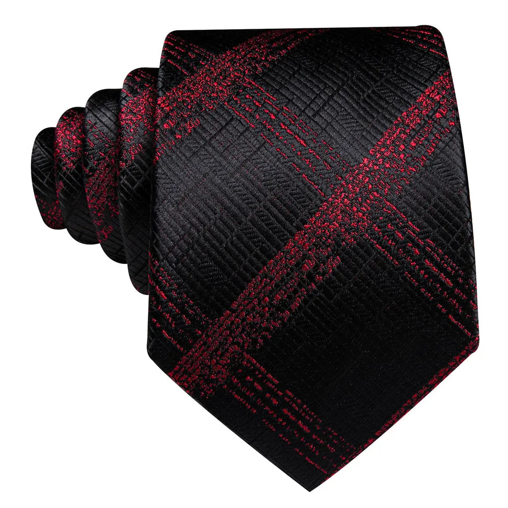 Dark Red Plaid Jacquard Tie, Pocket Square, and Cufflinks Set