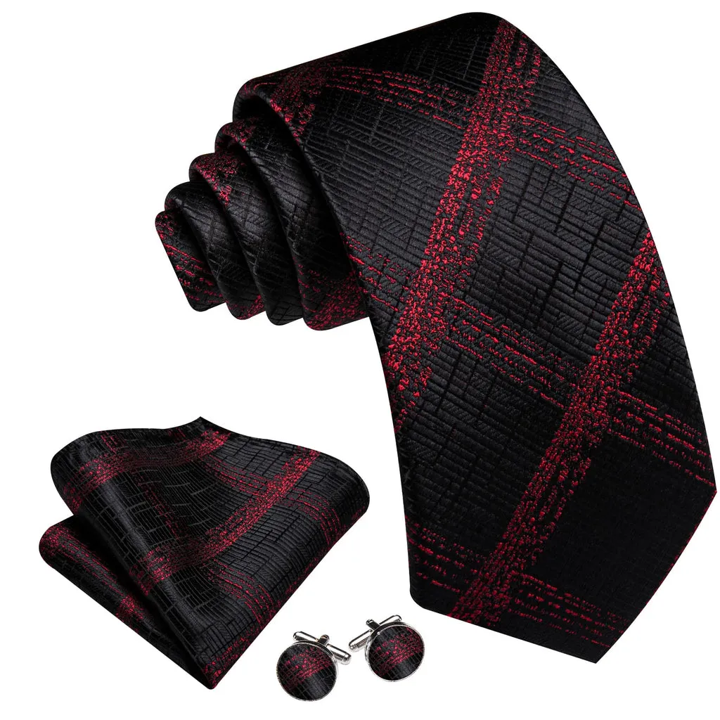 Dark Red Plaid Jacquard Tie, Pocket Square, and Cufflinks Set