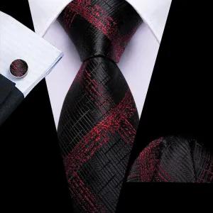 Dark Red Plaid Jacquard Tie, Pocket Square, and Cufflinks Set