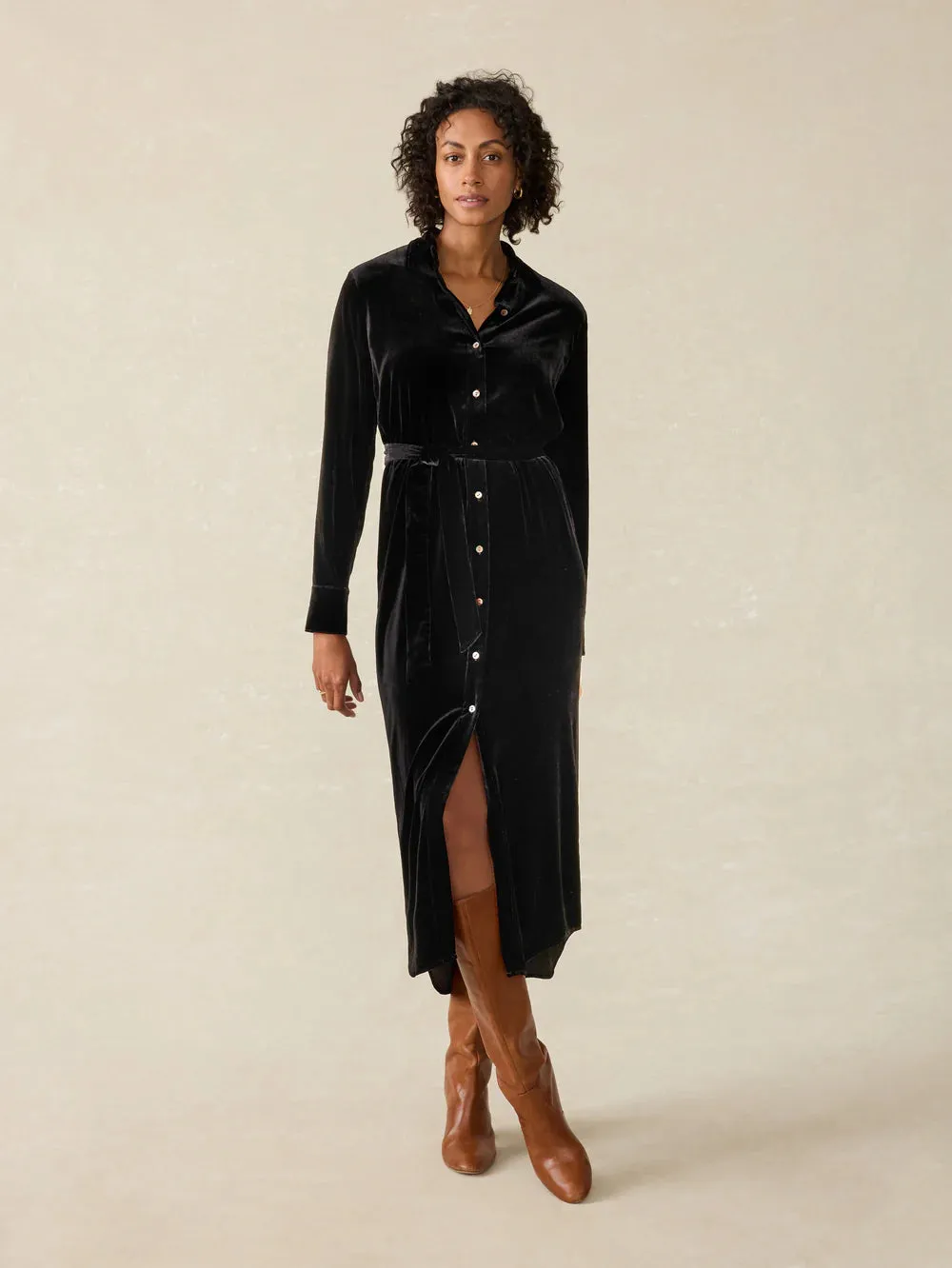 Faherty | Stretch Silk Velvet Riley Midi Dress- Black