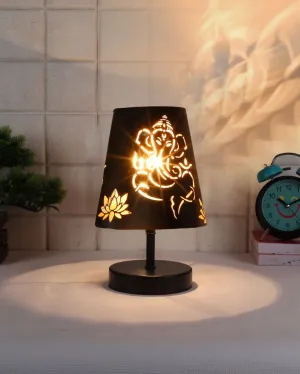 Ganesha Metal Etching Table Lamp With Black Wood Round Base | 6 x 8 inches