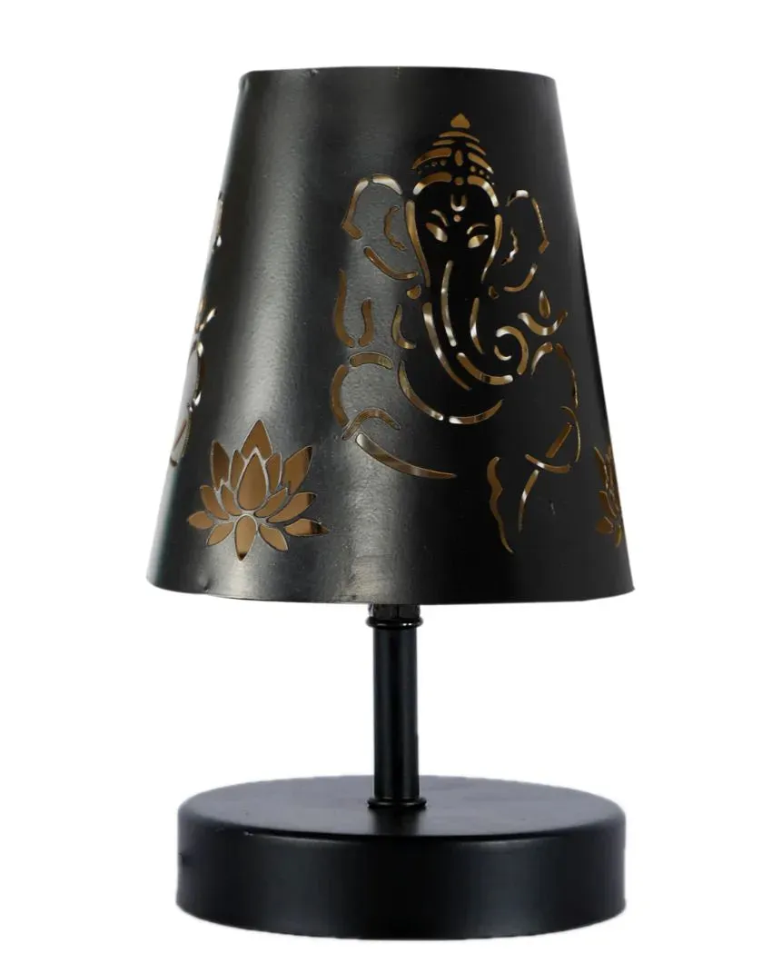 Ganesha Metal Etching Table Lamp With Black Wood Round Base | 6 x 8 inches
