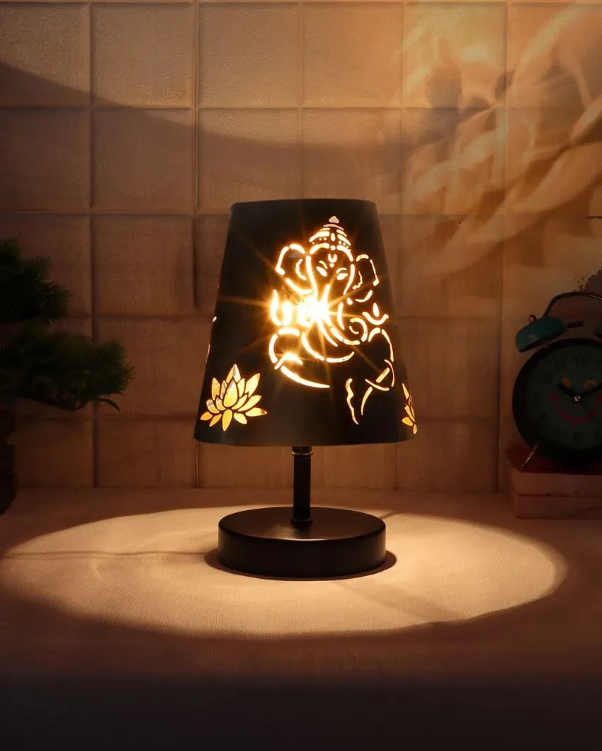 Ganesha Metal Etching Table Lamp With Black Wood Round Base | 6 x 8 inches