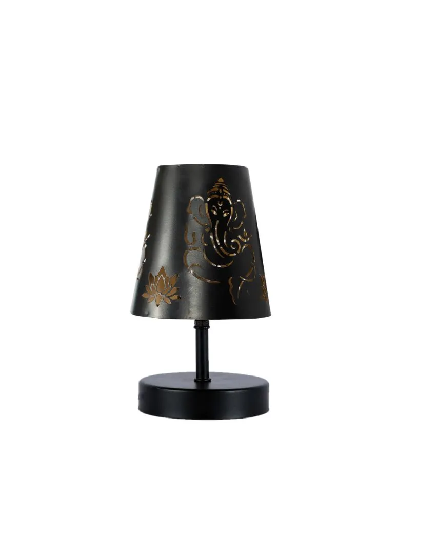 Ganesha Metal Etching Table Lamp With Black Wood Round Base | 6 x 8 inches
