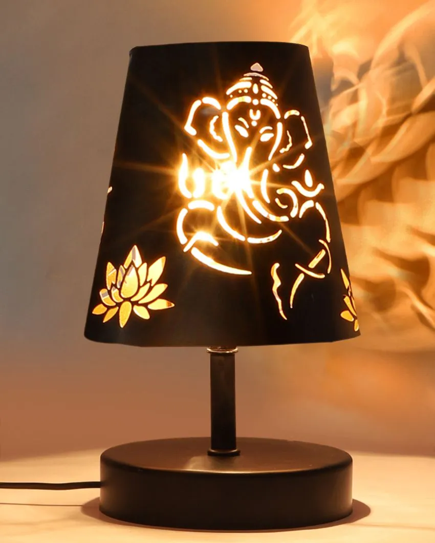 Ganesha Metal Etching Table Lamp With Black Wood Round Base | 6 x 8 inches