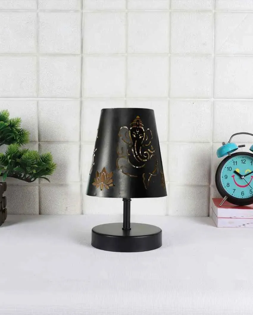 Ganesha Metal Etching Table Lamp With Black Wood Round Base | 6 x 8 inches