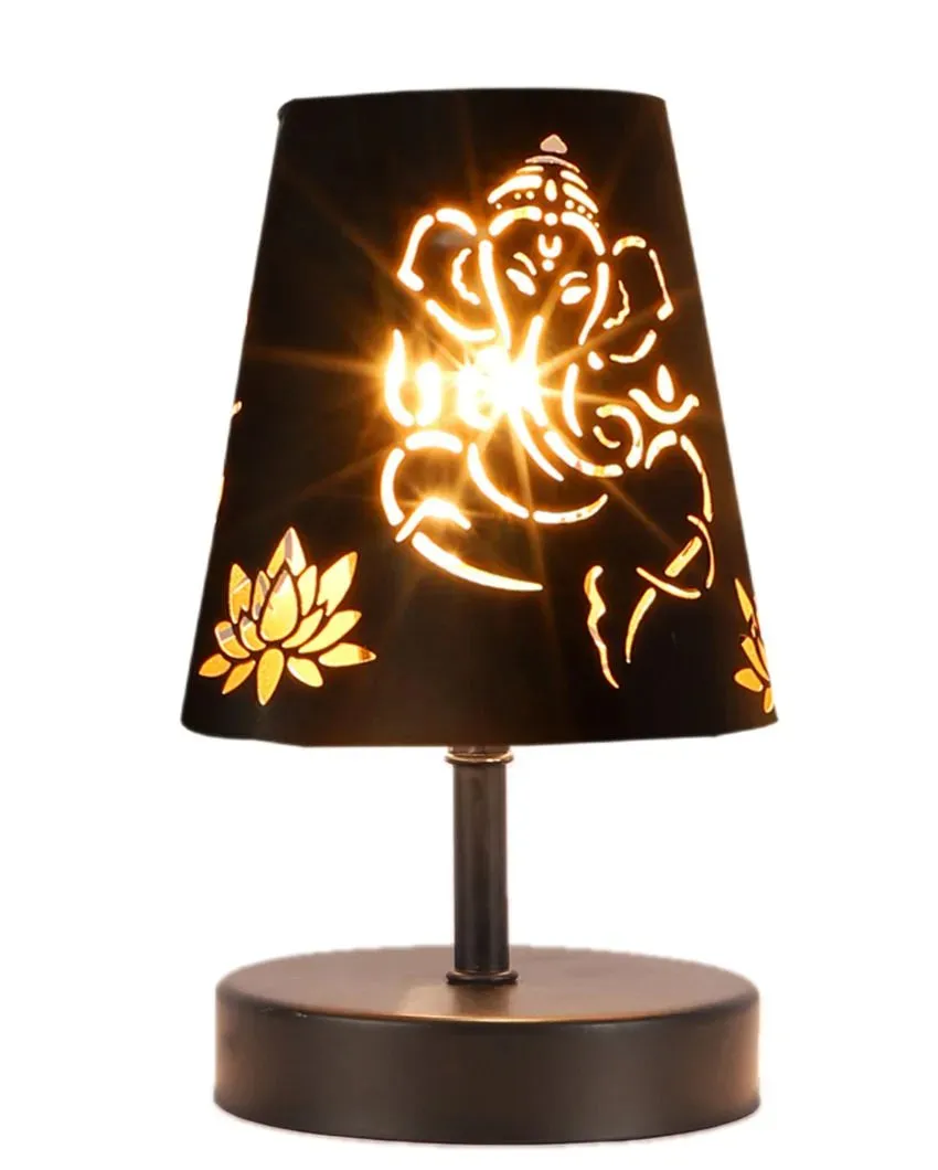 Ganesha Metal Etching Table Lamp With Black Wood Round Base | 6 x 8 inches