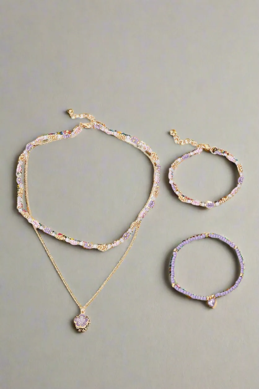 Girls Gold And Purple Embellished Necklace And Bracelet (3 Piece)