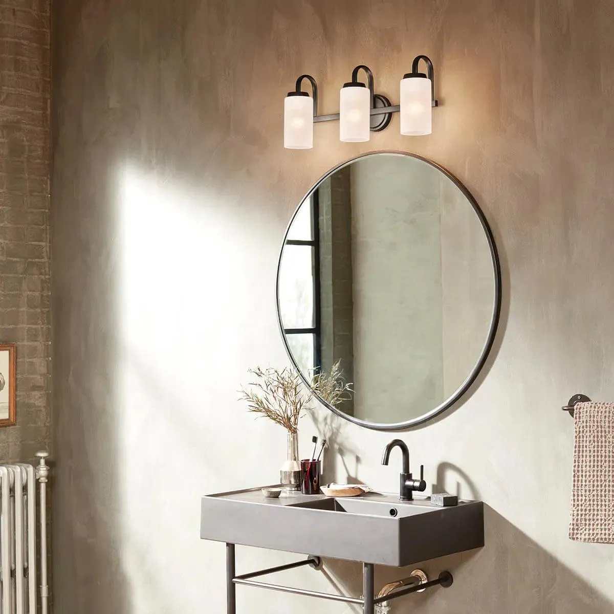 Kennewick 23 In 3-Lights Bathroom Vanity Light With Clear Satin Etched Glass, Black Finish