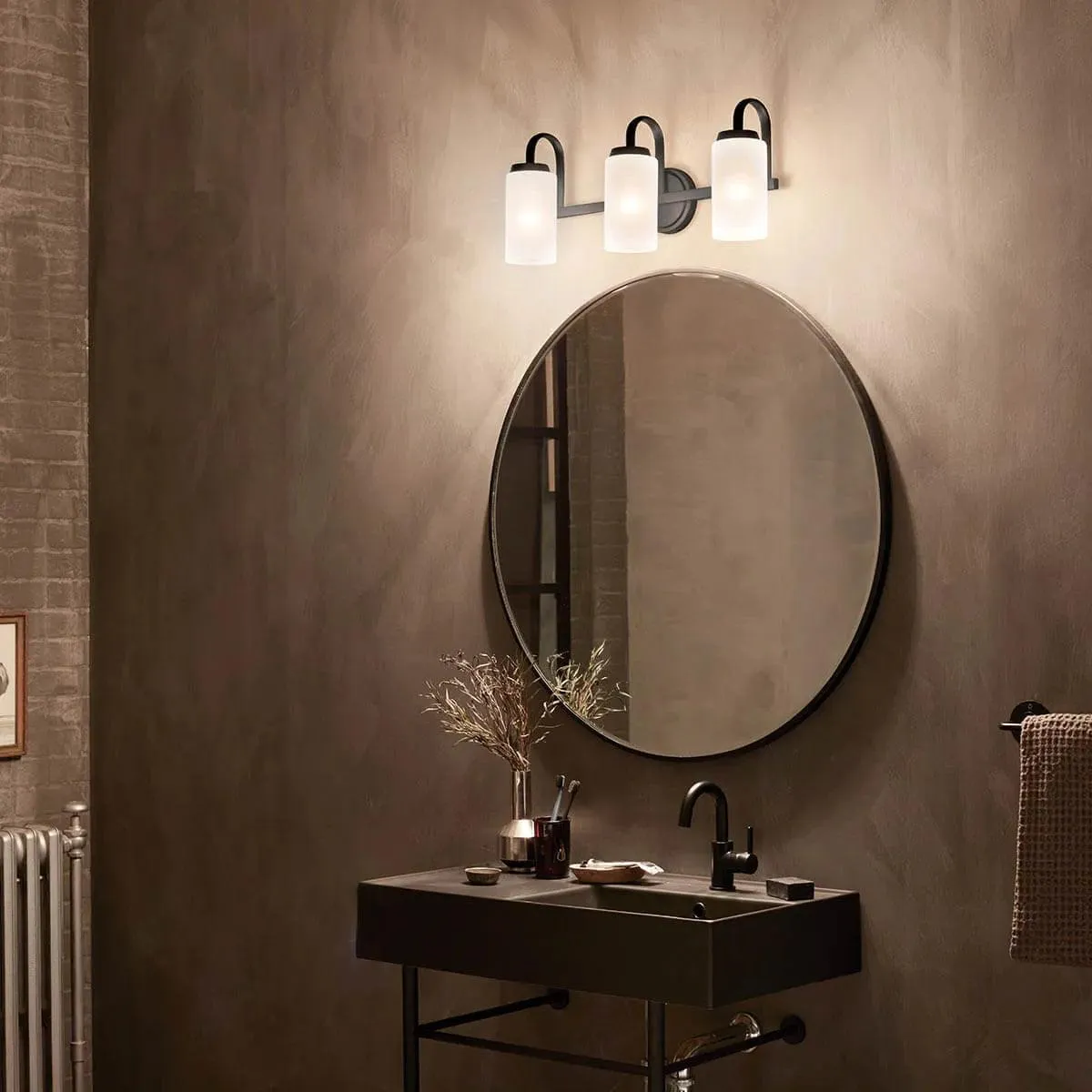 Kennewick 23 In 3-Lights Bathroom Vanity Light With Clear Satin Etched Glass, Black Finish