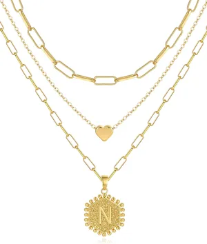 Layered Initial Necklaces for Women,Dainty 14K Gold Plated Paperclip Chain Capital Letter Heart Pendant Stacked Necklace for Women Girls