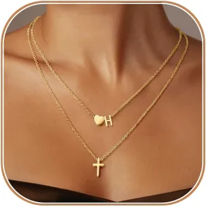 Layered Initial Necklaces for Women,Dainty 18K Real Gold Plated Heart Initial Necklace, Cross Necklace, Personalized Gifts for Women Teen Jewelry