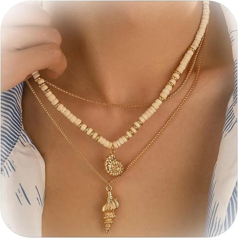Layered Puka Shell Necklaces for Men Wooden Beaded Coconut Shell Choker Summer Beach Surfer Necklaces Seashell Beach Vacation Essentials Seaside Jewelry Accessories