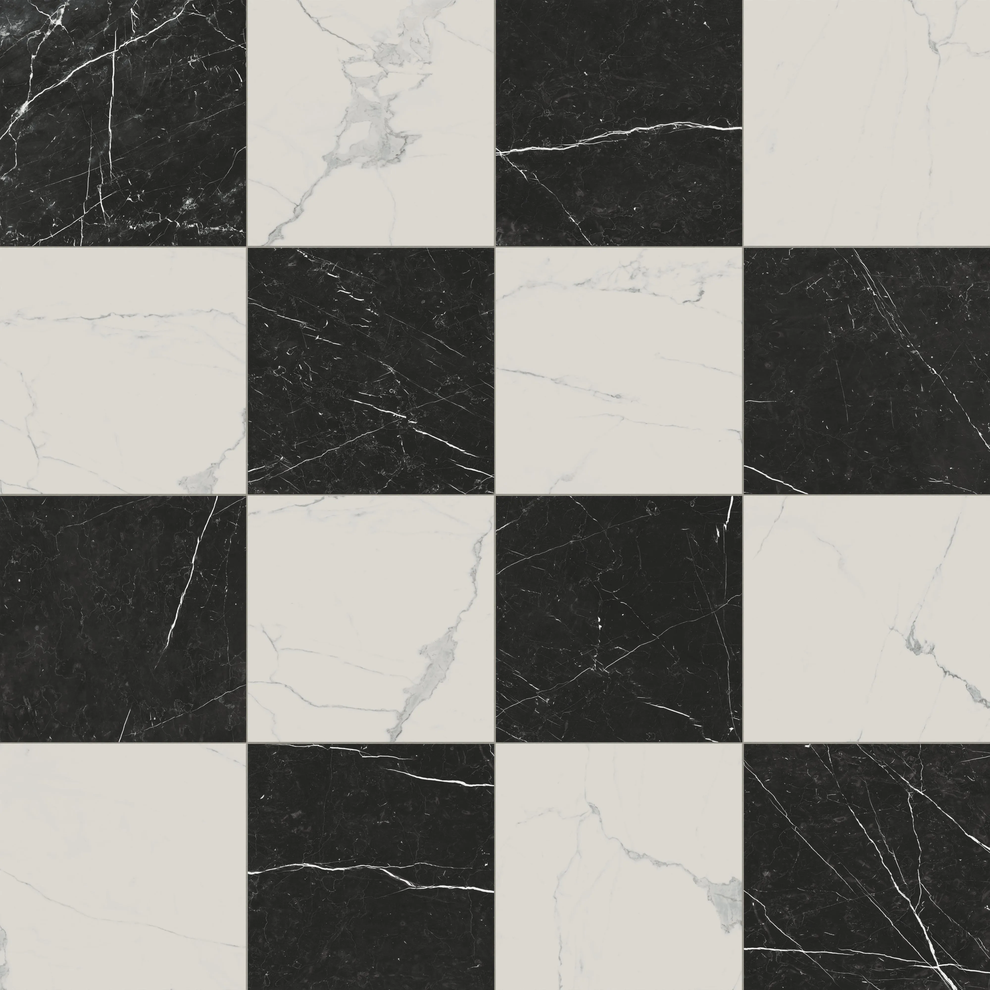 Leona 24x24 Checkerboard Polished Porcelain Tile in Calacatta and Nero Marquina