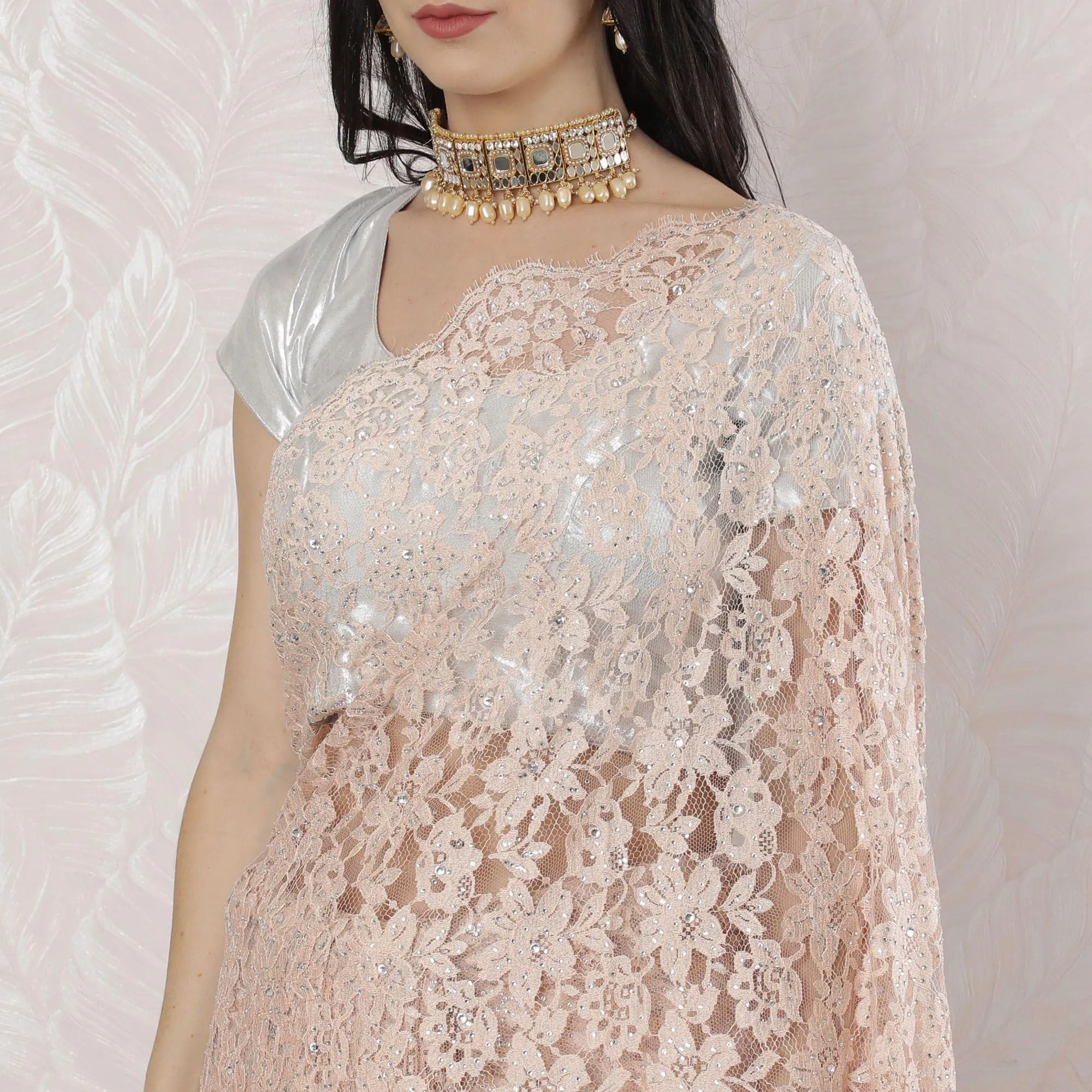 Light Peach Premium pure French chantilly lace saree having stone work in floral design-D16338