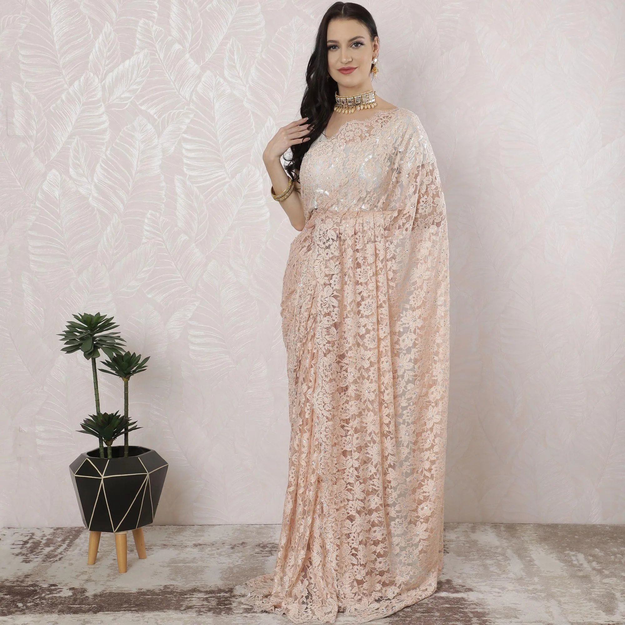 Light Peach Premium pure French chantilly lace saree having stone work in floral design-D16338
