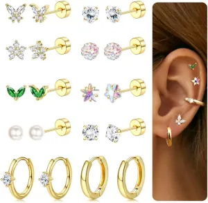 LOYALLOOK Gold Flat Back Earrings for Women Hypoallergenic Surgical Stainless Steel Earrings for Sensitive Ears Cartilage Earring Sets for Multiple Piercing Trendy Flatback Earrings Studs Small Hoop