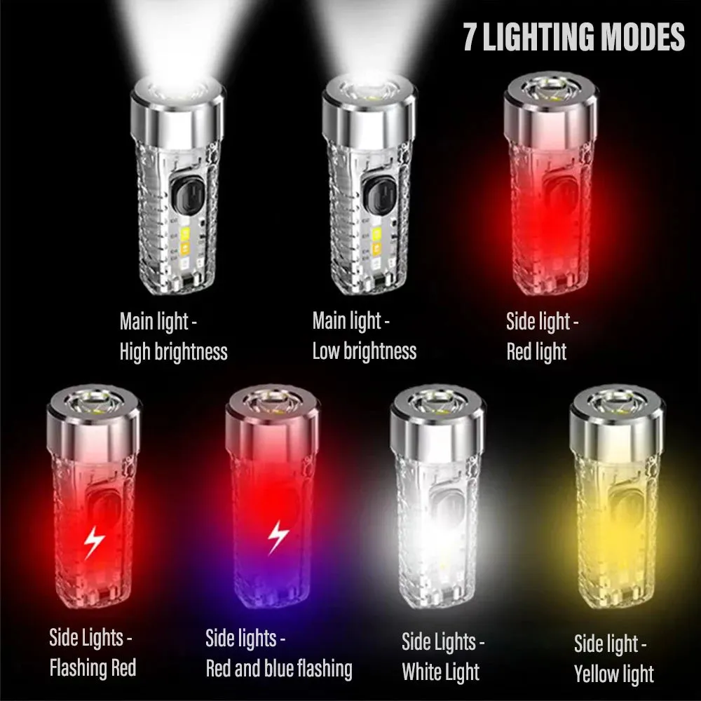 MINI Keychain Flashlight Rechargeable Light Emergency Light with Multicolor Side Lights 7 Lighting Modes For Camping, Home