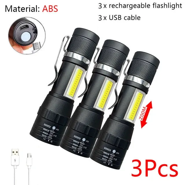 Mini Portable Flashlight Q5 COB Strong Light Zoom 3 Modes Torch Built In Battery USB Rechargeable Lamp Outdoor Camping Lantern