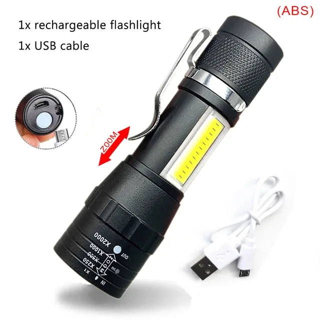 Mini Portable Flashlight Q5 COB Strong Light Zoom 3 Modes Torch Built In Battery USB Rechargeable Lamp Outdoor Camping Lantern